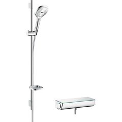 hansgrohe Raindance Select E Shower System 120 with Ecostat Select Thermostatic Mixer & Shower Rail 90cm - White/Chrome