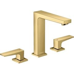 hansgrohe Metropol 3 Hole Basin Mixer Tap 160 with Lever Handles and Push Open Waste Set Polished Gold Optic - 32515990