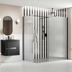 Bathrooms by Trading Depot Calder 800mm Fluted Wetroom Panel & Side Panel Arm - Black - TDBT107558
