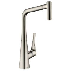 hansgrohe Metris M71 EcoSmart Single Lever Kitchen Mixer Tap 320 With Pull-Out Spray 2 Spray Modes - Stainless Steel - 14780800