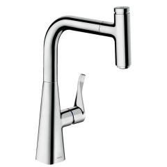 hansgrohe Metris Select M71 Single Lever Kitchen Mixer Tap 240 With Pull-Out Spout Single Spray Mode - Chrome - 14857000