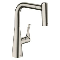 hansgrohe Metris M71 Single Lever Kitchen Mixer Tap 220 With Pull-Out Spray & Sbox 2 Spray Modes - Stainless Steel - 73800800