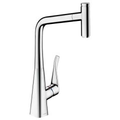 hansgrohe Metris Select M71 EcoSmart Single Lever Kitchen Mixer Tap 320 With Pull-Out Spout & Sbox Single Spray Mode - Chrome - 73807000