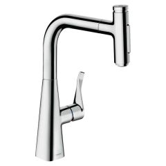 hansgrohe Metris Select M71 Single Lever Kitchen Mixer Tap 240 With Pull-Out Spray & Sbox 2 Spray Modes - Chrome - 73817000