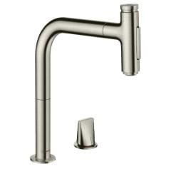 hansgrohe Metris Select M71 2-Hole Single Lever Kitchen Tap Mixer 200 With Pull-Out Spray & Sbox 2 Spray Modes - Stainless Steel - 73818800