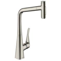 hansgrohe Metris Select M71 Single Lever Kitchen Mixer Tap With Pull-Out Spray 2 Spray Modes - Stainless Steel - 73820800