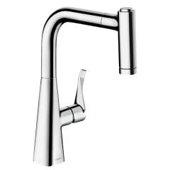 hansgrohe Metris M71 EcoSmart Single Lever Kitchen Mixer Tap 220 With Pull-Out Spray & Sbox 2 Spray Modes - Chrome - 73823000