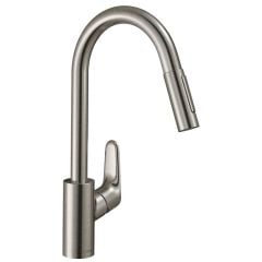 hansgrohe Focus M41 Single Lever Kitchen Mixer Tap 240 With Pull-Out Spray & Sbox 2 Spray Modes - Stainless Steel - 73880800