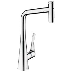 hansgrohe Metris Select M71 Single Lever Kitchen Mixer Tap 320 With Pull-Out Spray & Sbox 2 Spray Modes - Chrome - 73816000