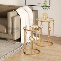 HOMCOM Set of 2 Round Side Tables with Steel Frame & Tempered Glass Top - Gold - 833-674 - Lifestyle