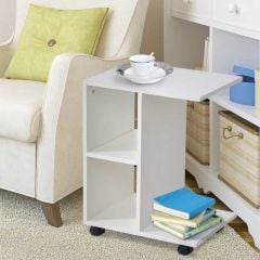 HOMCOM C-Shape End Table with 2 Shelves & Wheels - White - 833-779WT