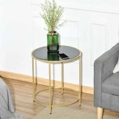 HOMCOM Round Side Table with Tempered Glass Tabletop & Metal Base - Gold - 839-109