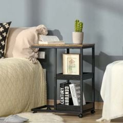HOMCOM Industrial C-Shaped Side Table with 3-Tier Storage & Steel Frame - Brown - 839-288