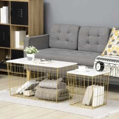 HOMCOM Side Table with Faux Marble Top & Wire Storage Basket - Set of 2 - White & Gold - 839-364