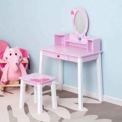 HOMCOM Kids Wooden Dressing Table and Stool - Pink - 350-014