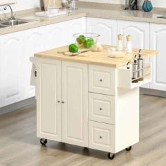 HOMCOM Drop-Leaf Kitchen Rolling Island with Drawers & Cabinet - White - 801-173