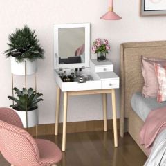 HOMCOM 2 Drawers Modern Dressing Table with Flip-up Mirror and Padded Stool - White - 831-183
