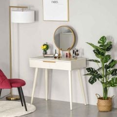 HOMCOM Modern Dressing Table with Round Mirror and 2 Drawers - White - 831-355