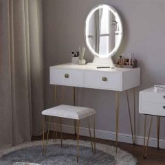 HOMCOM 2 Drawers Dressing Table with Round LED Mirror and Padded Stool - White - 831-395V70WT