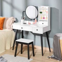 HOMCOM 3 Drawers and Open Shelves Dressing Table with Round Mirror and Stool - White - 831-453WT