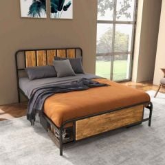 HOMCOM Double Bed Frame With Industrial Wood Headboard - Black & Brown - 831-642V00RB