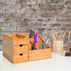 HOMCOM Desk Organiser with Compartments and Drawers - Natural Wood - 833-462