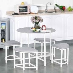HOMCOM Round Dining Table Set with 4 Upholstered Stools - 900mm - White/Grey - 835-340