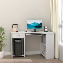 HOMCOM L-Shaped Corner Computer Desk With 2 Shelves and Keyboard Tray Drawer - White - 836-264WT