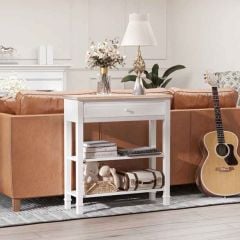 HOMCOM Retro Style Hallway Console Table with Drawer and Shelves - White and Natural Wood - 837-046