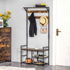 HOMCOM Coat Rack with Shoe Storage and Hooks - Brown and Black - 837-146