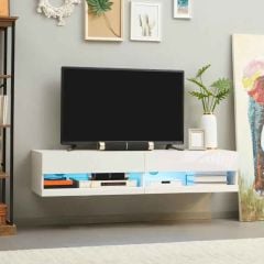 HOMCOM High Gloss Wall Mounted TV Cabinet with LED Lights - White - 839-651V00WT