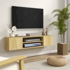 HOMCOM Wall Mounted TV Stand with Storage - Natural Wood Effect - 839-771V00ND
