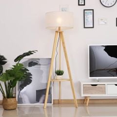 HOMCOM Free Standing Floor Lamp - Beige/Natural Wood - B31-095V01