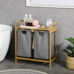 HOMCOM Bamboo Laundry Basket With Shelf & Pull-Out Bags - Grey