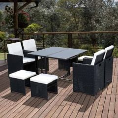 Outsunny 8-Seater Rattan Dining Table and Chair Set - Black & Milk White - 841-108