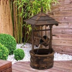 Outsunny Fir Wood Garden Décor Wishing Well Fountain Barrel Waterfall - Brown - 844-273V70