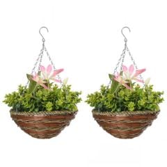 Outsunny 2-Piece Clematis Artificial Flowers With Hanging Basket - Pink & White - 844-366