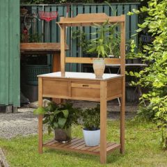 Outsunny Garden Wooden Potting Table with Galvanized Metal Surface - Brown - 845-375