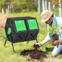 Outsunny 130 Litre Dual Rotating Garden Compost Bin - Green & Black - 845-916V01BK