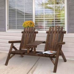 Outsunny Wood Patio Chair Bench 2 Seats w/ Center Coffee Table Garden Bench Carbonized - 84B-398