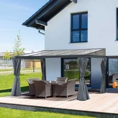 Outsunny 4 x 3m Outdoor Hardtop Pergola with Polycarbonate Roof & Curtains - Grey - 84C-191