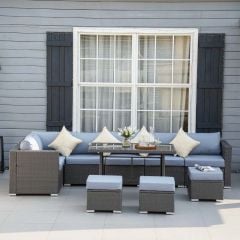 Outsunny 9-Seater Garden Rattan Furniture 10 Pcs Rattan Corner Dining Sofa Set-Grey/Dusty Blue Cushion