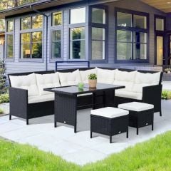Outsunny 8-Seater Garden Rattan Furniture Rattan Corner Dining Sofa Set Wicker Conservatory Furniture Lawn Patio Coffee Table Foot Stool w/Cushion-Black