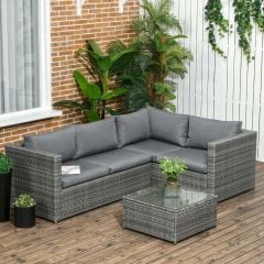 Outsunny 3 Pieces Rattan Garden Furniture 4 Seater Outdoor Patio Corner Sofa Chair Set with Coffee Table Thick Cushions Grey