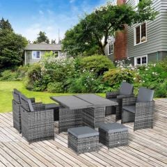 Outsunny 8-Seater Rattan Wicker Dining Table & Chairs Set with Cushion - 861-028GY
