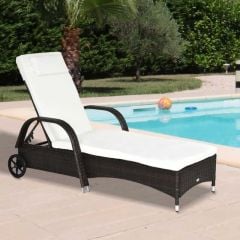 Outsunny Brown Rattan Sun Lounger w/ Adjustable Steel Frame