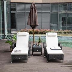 Outsunny 2-Seater Rattan Sun Lounger Set with Side Table - Black - 862-010BK