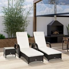 Outsunny 2-Seater Rattan Sun Lounger Set with Side Table - Brown/White - 862-010BN