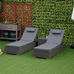 Outsunny 2 Seater Rattan Sun Lounger Garden Outdoor Wicker Recliner Bed Side Table - Grey