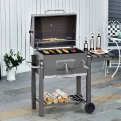 Outsunny Portable Charcoal BBQ Grill With Shelf &Two Wheels - Grey - 846-013 Main Image